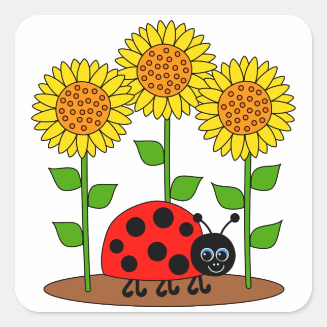 Pegatina Cuadrada Ladybug con girasoles (Anverso)