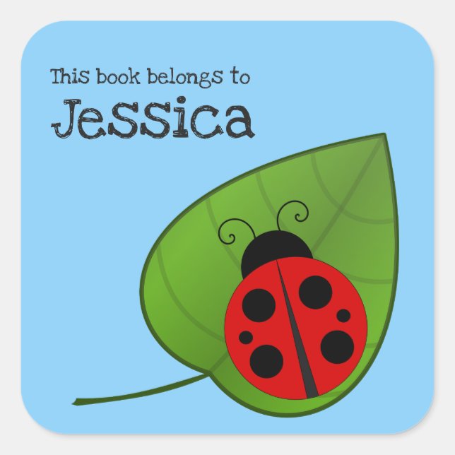 Pegatina Cuadrada Ladybug en Leaf Este libro pertenece a Bookplate (Anverso)
