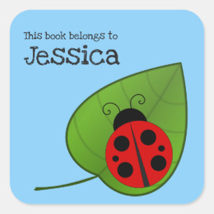 Pegatina Cuadrada Ladybug en Leaf Este libro pertenece a Bookplate
