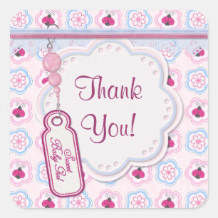 Pegatina Cuadrada Ladybug Flowers Baby Shower - Gracias