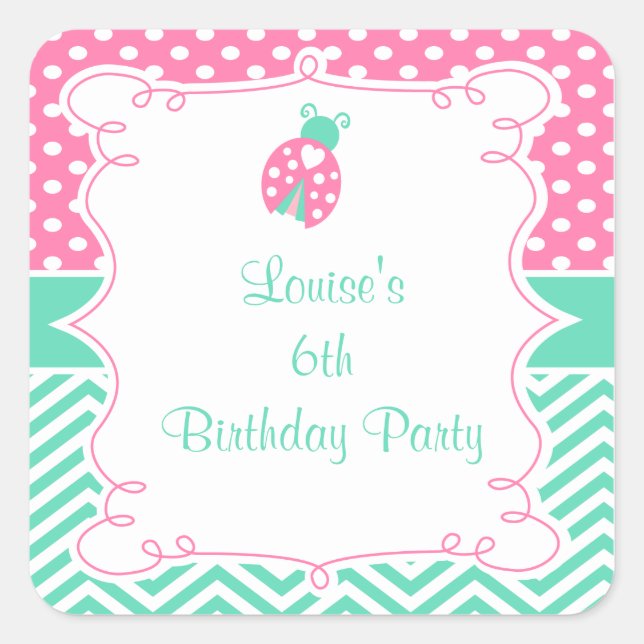 Pegatina Cuadrada Ladybug Ladybird Birthday Party (Anverso)