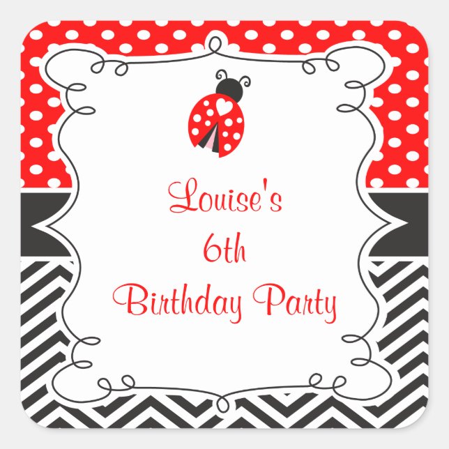 Pegatina Cuadrada Ladybug Ladybird Birthday Party (Anverso)