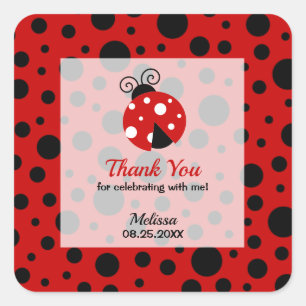 Pegatina Cuadrada Ladybug Red Black Frame Polka Dots Gracias