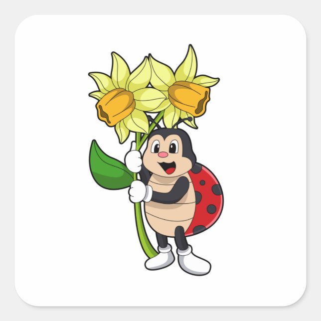Pegatina Cuadrada Ladybug with Flower Daffodil (Anverso)