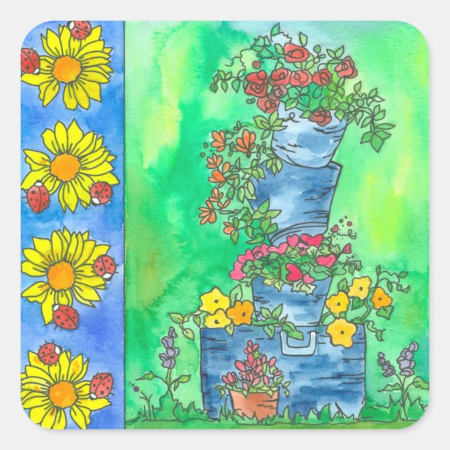 Pegatina Cuadrada Ladybugs Sombras de flores acuáticas (Anverso)