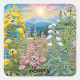 Pegatina Cuadrada Ladybugs Visitando El Jardín