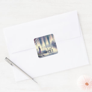 Pegatina Cuadrada Lago de Fantasía Serene con Willow y Heron