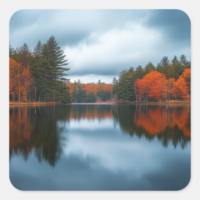 Pegatina Cuadrada Lago de Otoño (Anverso)