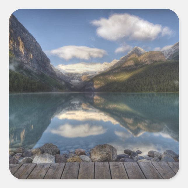 Pegatina Cuadrada Lago Louise al amanecer, Parque Nacional Banff, (Anverso)
