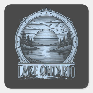 Pegatina Cuadrada Lago Ontario Estilo de Grabado   Azul y Escala de 