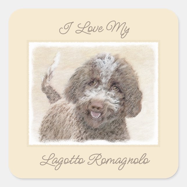 Pegatina Cuadrada Lagotto Romagnolo Painting - Cute Original Dog Art (Anverso)
