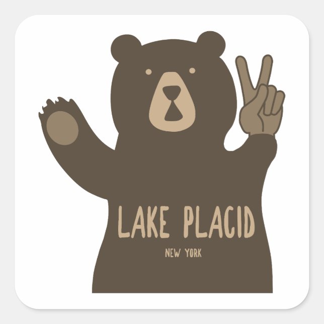 Pegatina Cuadrada Lake Placid New York Peace Bear (Anverso)