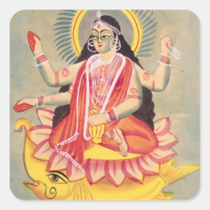 Pegatina Cuadrada Laksmi que se sienta en un trono del loto se va,