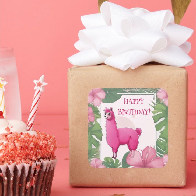 Pegatina Cuadrada Lama sonriente rosa feliz (Fiesta)