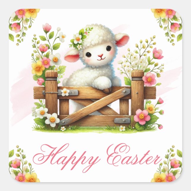 Pegatina Cuadrada Lamb, Flower Crown & Wooden Gate Happy Easter (Anverso)