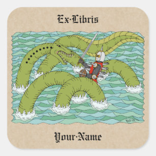Pegatina Cuadrada Lambton Worm y Knight Bookplate