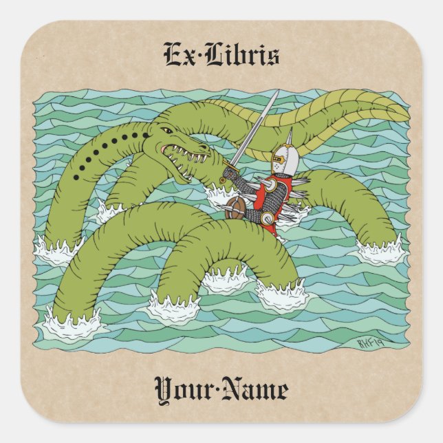 Pegatina Cuadrada Lambton Worm y Knight Bookplate (Anverso)