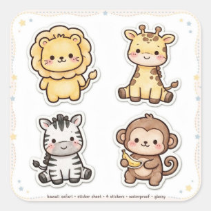 Pegatina Cuadrada Lámina de Stickers de Animales Kawaii de 6 Unidade