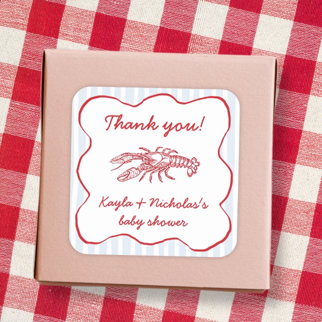 Pegatina Cuadrada Langostinos hierven el Baby Shower rojo y azul del (Crawfish Boil Southern Red & Blue Baby Shower Square Sticker)