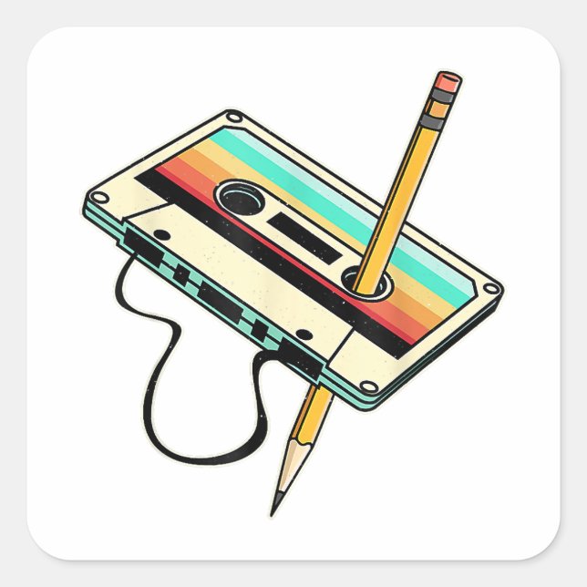 Pegatina Cuadrada Lápiz de cinta cassette de los años 80, derrame re (Anverso)