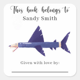 Pegatina Cuadrada Lápiz de tiburón - Este libro pertenece con mensaj