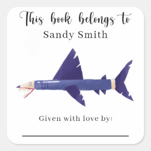 Pegatina Cuadrada Lápiz de tiburón - Este libro pertenece con mensaj