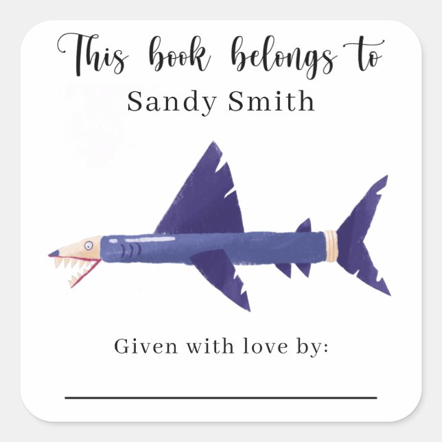 Pegatina Cuadrada Lápiz de tiburón - Este libro pertenece con mensaj (Anverso)