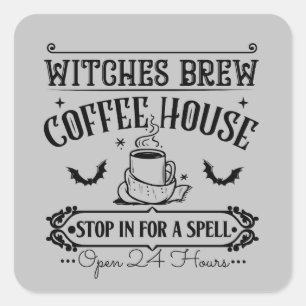 Pegatina Cuadrada Las brujas de Guay preparan café en Halloween