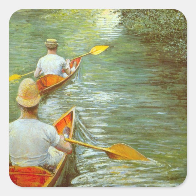 Pegatina Cuadrada Las canoas, perissoires de Gustave Caillebotte (Anverso)