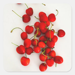 Pegatina Cuadrada Las cerezas rojas con luz natural yacen en blanco