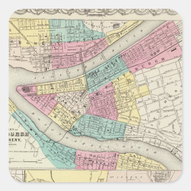 Pegatina Cuadrada Las Ciudades De Pittsburgh Allegheny Cincinnati (Anverso)