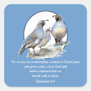 Pegatina Cuadrada Las escrituras efesias 2:10 con California Quail