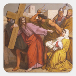 Pegatina Cuadrada Las estaciones de la cruz 5 Simon llevan la cruz