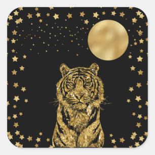 Pegatina Cuadrada Las estrellas del tigre de oro y la luna en negro