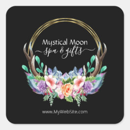 Pegatina Cuadrada Las Flores De Clúster Boho Gold Crystal Feather Bu