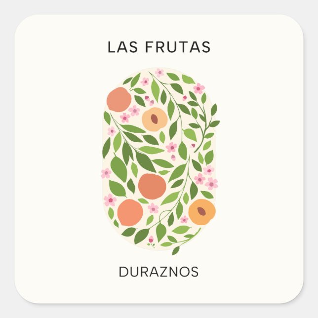 Pegatina Cuadrada Las Frutas: Duraznos - Mercado Peach (Anverso)