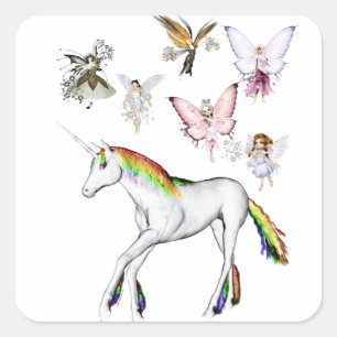 Pegatina Cuadrada Las hadas colorean el unicornio
