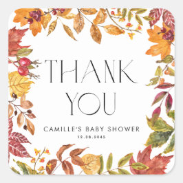 Pegatina Cuadrada Las hojas de otoño Wreath Baby Shower Gracias