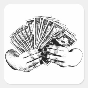 Pegatina Cuadrada Las mujeres tienen manos con billetes de dólares d