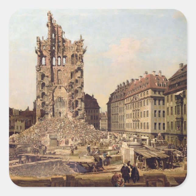 Pegatina Cuadrada Las ruinas de la antigua Kreuzkirche, Dresden (Anverso)