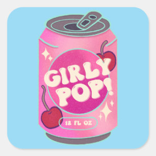 Pegatina Cuadrada Lata de refresco de cereza pop femenino Rosa ret