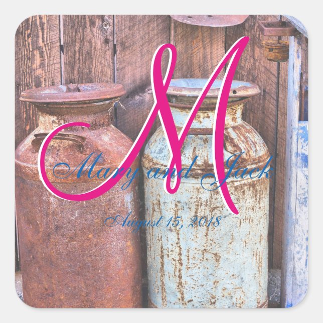 Pegatina Cuadrada Latas de Leche Antiguas de Metal Rústicas Monogram (Anverso)