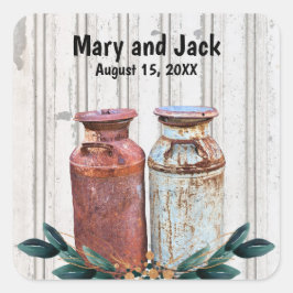 Pegatina Cuadrada Latas de Leche Floral Vintage Rústico Antiguo