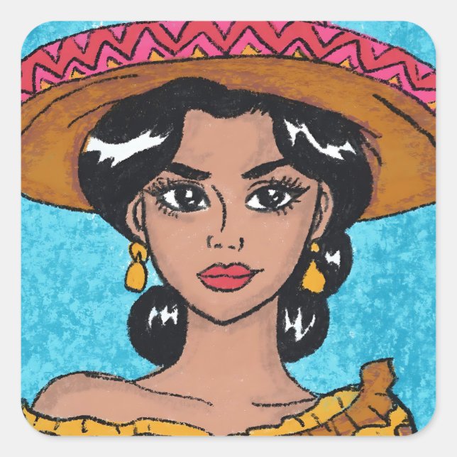 Pegatina Cuadrada Latina con Sombrero (Anverso)