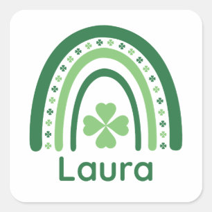 Pegatina Cuadrada Laura Nombre Trébol Boho Arcoíris