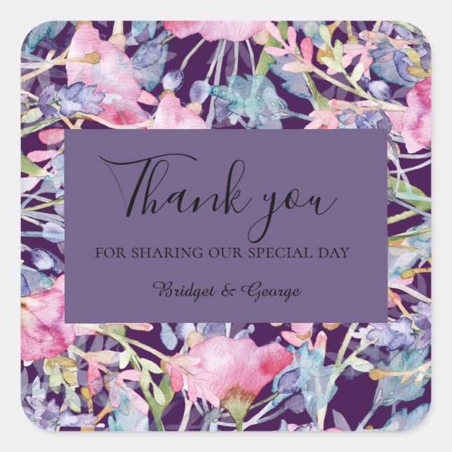 Pegatina Cuadrada lavanda colorida flor silvestre boda (Anverso)