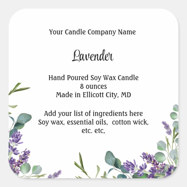 Pegatina Cuadrada Lavanda de Velas Personalizadas Eucalipto (Anverso)