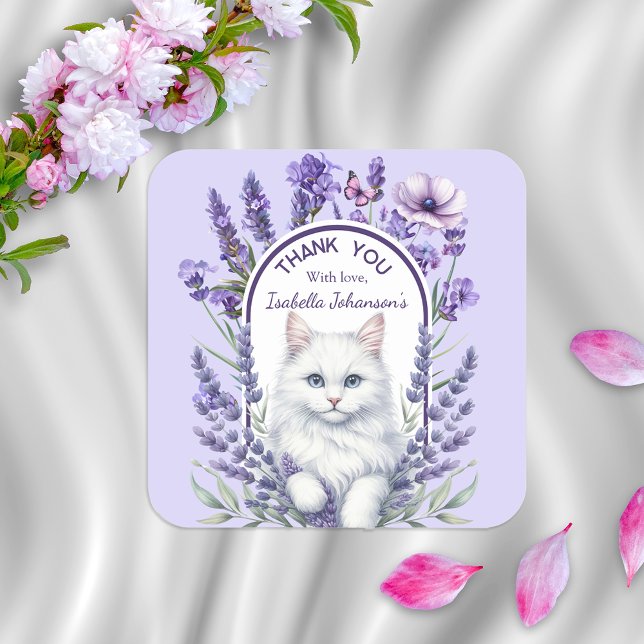 Pegatina Cuadrada Lavanda elegante y cumpleaños del gato (Subido por el creador)