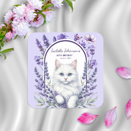 Pegatina Cuadrada Lavanda elegante y cumpleaños del gato