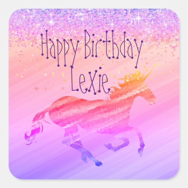 Pegatina Cuadrada Lavanda Purpurinoso y unicornio rosa (Anverso)